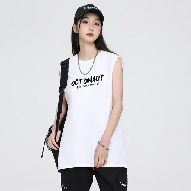 海底小纵队 创意个性美式高街篮球扣篮趣味字母印花休闲运动健身跑步训练纯棉纯色圆领打底衫透气坎肩无袖通用宽松背心 男女同款