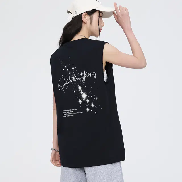 海底小纵队 极简风穿搭美式高街背面流星艺术体字母印花氛围宽松慵懒高品质学院风纯棉舒适透气百搭个性运动通勤休闲背心 男女同款