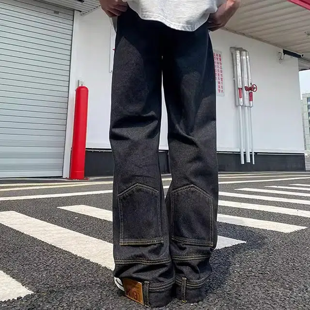悍戈 美式复古嘻哈潮流高街风口袋废土阔腿拉链微喇百搭休闲裤牛仔裤 男女同款