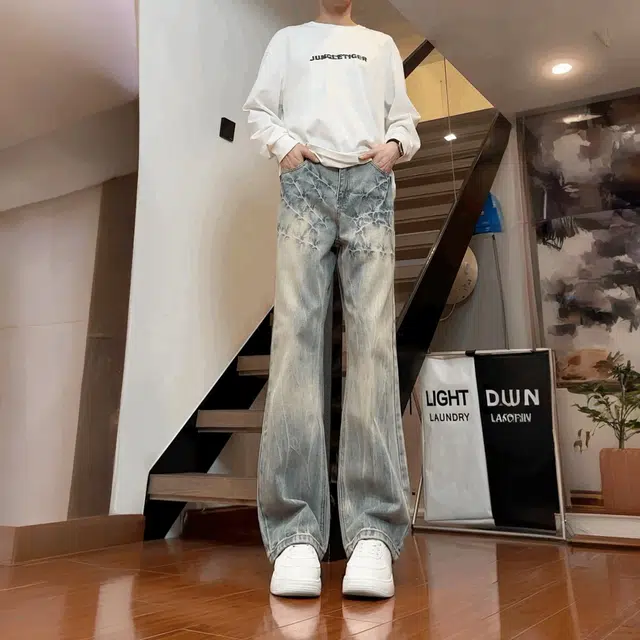 洞洞拐 韩版美式高街复古闪电爆裂纹水洗做旧小众高腰直筒微喇拖地显高显瘦长裤牛仔裤 男女同款