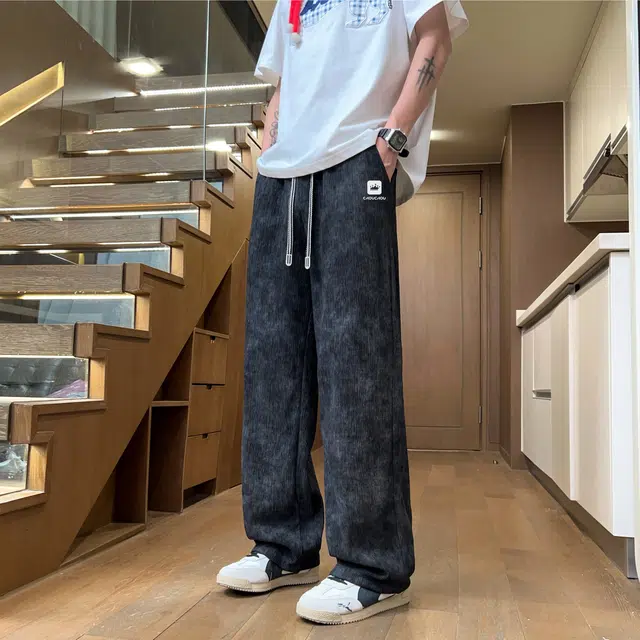 周同学 周杰伦 美式高街复古水洗做旧扎染百搭简约透气弹力运动舒适高腰系带宽松垂感阔腿直筒拖地休闲裤 男女同款