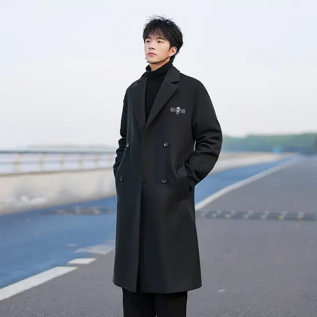 周同学 周杰伦 复古高街美式纯色简约御寒保暖长款毛呢百搭氛围感宽松休闲西装领韩版落肩垂感开衫双排扣长袖大衣 男女同款