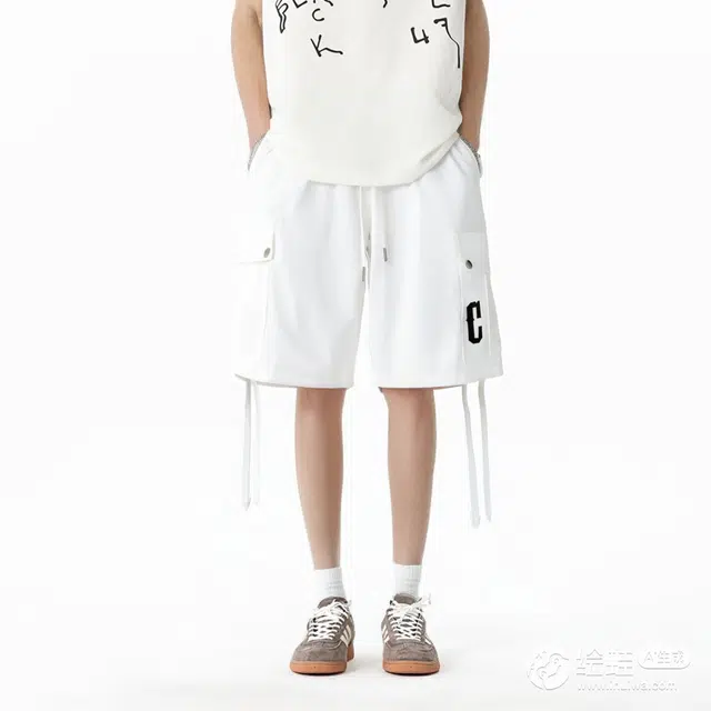 周同学 周杰伦 美式高街复古机能风飘带简约纯色宽松休闲户外百搭多口袋阔腿直筒五分松紧系带工装短裤 男女同款