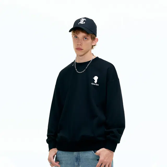 周同学 周杰伦 基础款百搭经典简约落肩宽松休闲舒适圆领套头卫衣 男女同款 黑色