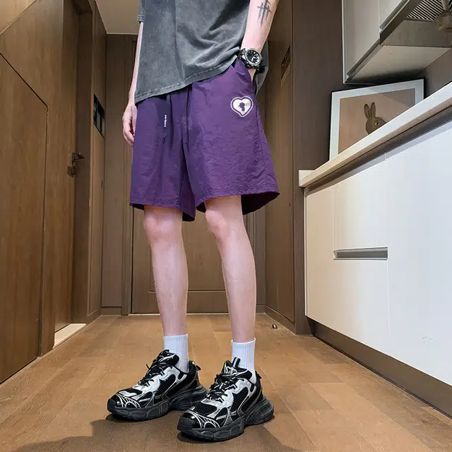 周同学 周杰伦 爱心跑步运动吸汗凉感抗皱五分系带中腰宽松纯色休闲短裤 男女同款