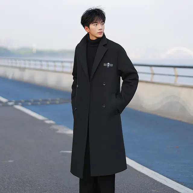 周同学 周杰伦 复古高街美式纯色简约御寒保暖长款毛呢百搭氛围感宽松休闲西装领韩版落肩垂感开衫双排扣长袖大衣 男女同款