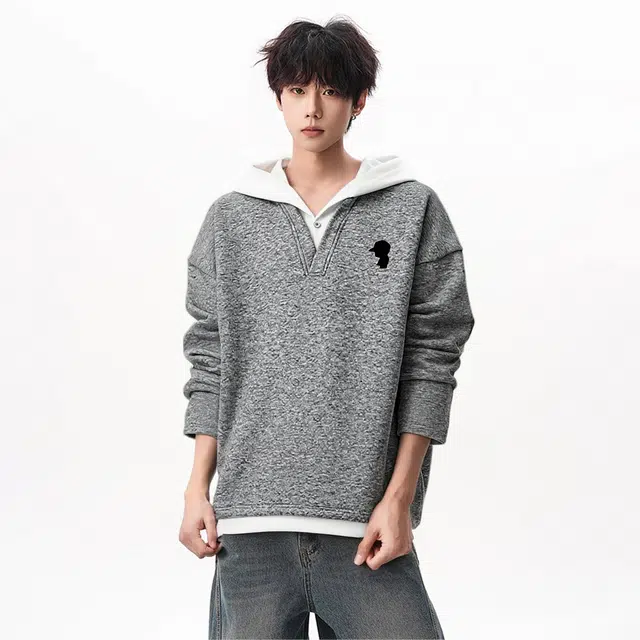 周同学 周杰伦 复古港风高街简约印花宽松休闲设计感假两件百搭通勤亲肤套头连帽长袖卫衣 男女同款