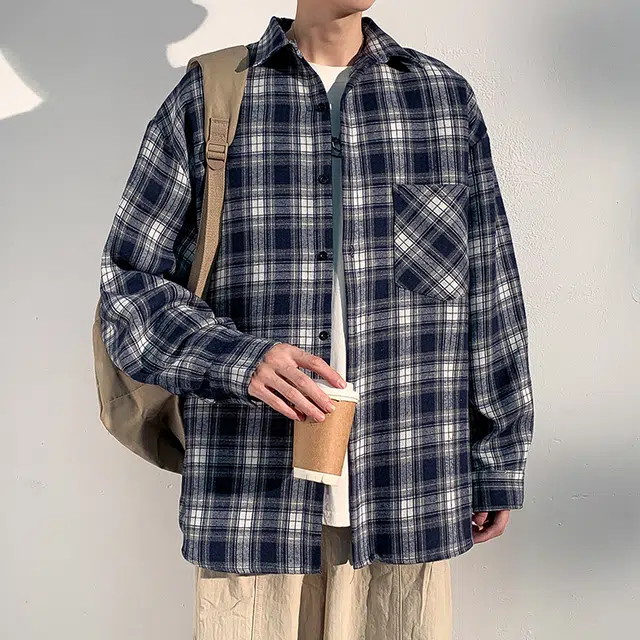 周同学 格子休闲宽松翻领宽松长袖衬衫 男女同款
