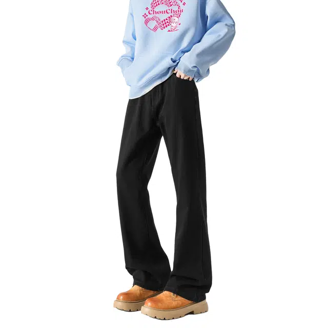 周同学 周杰伦 美式复古基础款高街水洗做旧废土风舒适亲肤高级感显高显中腰加绒可选宽松休闲通勤直筒垂感弯刀微喇牛仔裤 男女同款