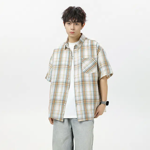 红蜻蜓 格纹宽松休闲舒适百搭日常简约潮流时尚短袖衬衫 男女同款