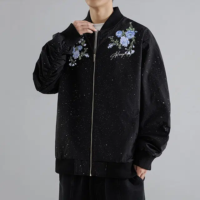 红蜻蜓 美式高街植物花卉仿刺绣满天星设计感纯色拉链复古数字字母印花宽松百搭舒适防风保暖休闲棒球服外套夹克 男女同款
