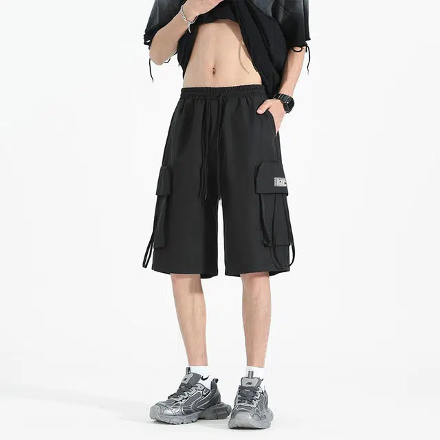 红蜻蜓 美式潮牌设计感复古工装男士夏季潮牌宽松直筒运动裤冰丝速干休闲短裤 男女同款