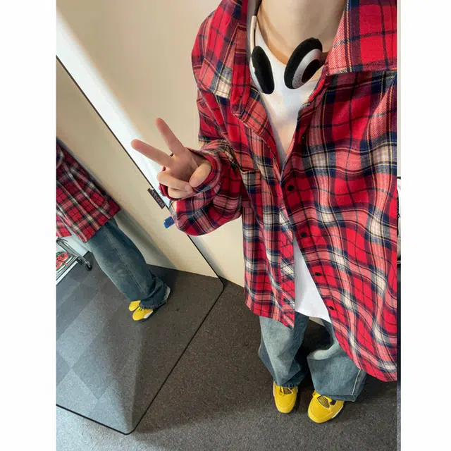 红蜻蜓 美式复古简约高级感格子条纹设计时尚百搭宽松翻领单排扣痞帅长袖衬衫 男女同款