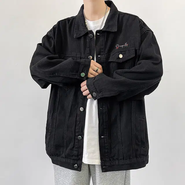 红蜻蜓 美式高街设计感纯色徽章涂鸦字母印花宽松百搭舒适防风保暖休闲重磅牛仔外套 男女同款