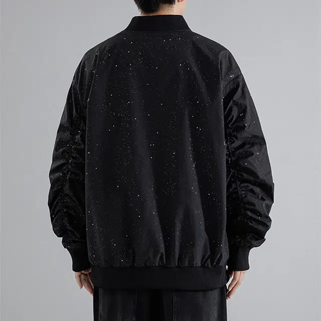 红蜻蜓 美式高街潮牌复古满天星设计感纯色拉链数字字母印花宽松百搭舒适防风保暖休闲棒球服外套夹克 男女同款