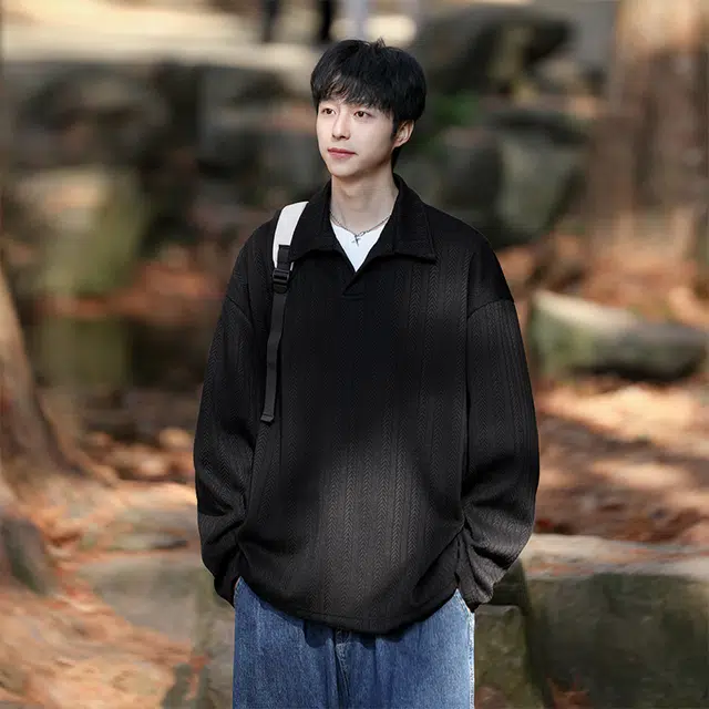 红蜻蜓 翻领条纹休闲宽松简约长袖卫衣 男女同款