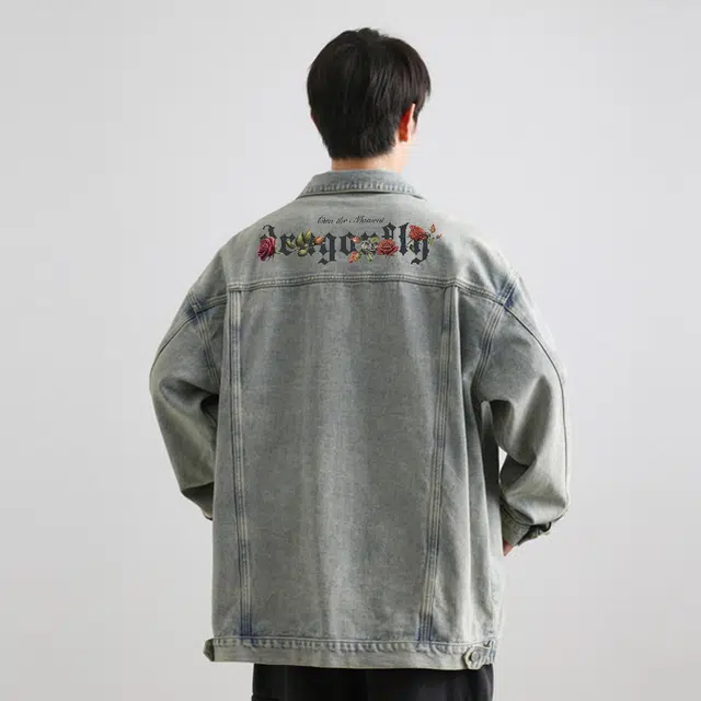 红蜻蜓 美式街头仿刺绣植物花卉复古水洗做旧纯色条纹痞帅舒适休闲基础牛仔外套 男女同款