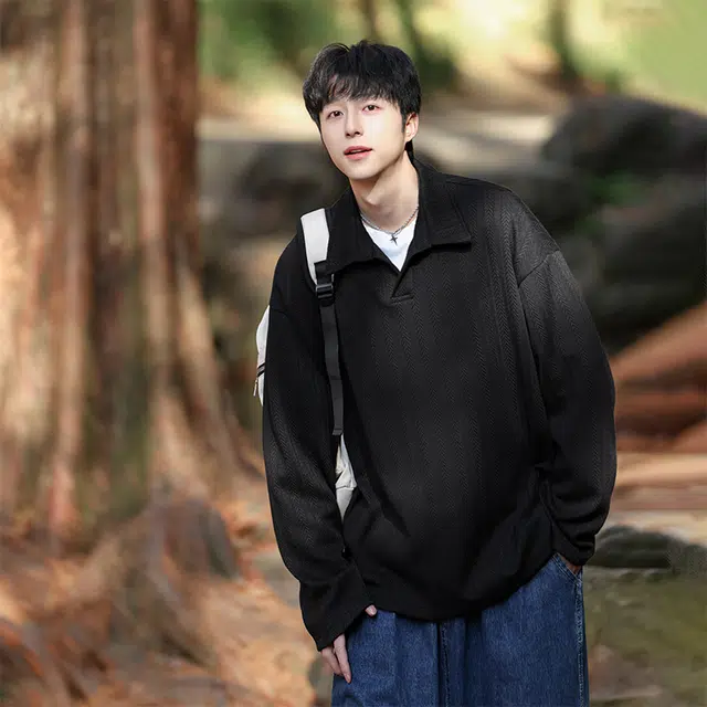 红蜻蜓 翻领条纹休闲宽松简约长袖卫衣 男女同款