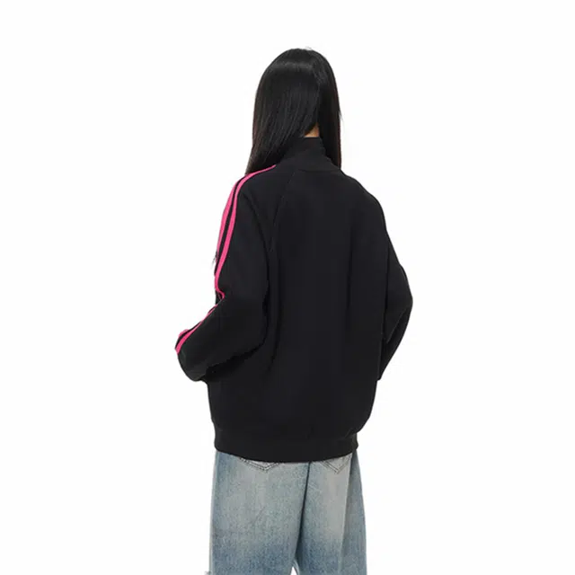 红蜻蜓 美式高街重磅设计感侧边条纹三条杠数字字母印花宽松百搭舒适防风保暖休闲棒球服外套卫衣 男女同款