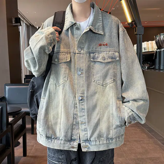 红蜻蜓 美式设计感复古水洗做旧纯色磨白条纹拉链袖口痞帅街头潮流舒适休闲基础春秋潮牌牛仔外套 男女同款