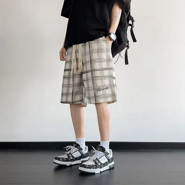 红蜻蜓 美式高街复古透气亲肤时尚棋盘格小众设计百搭五分休闲短裤 男女同款