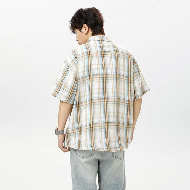 红蜻蜓 格纹宽松休闲舒适百搭日常简约潮流时尚短袖衬衫 男女同款