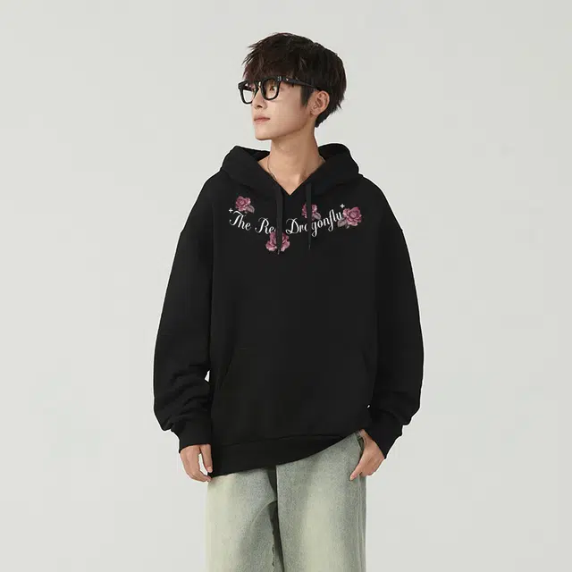 红蜻蜓 美式潮流玫瑰仿刺绣设计感高街植物花卉宽松舒适百搭日常通勤亲肤时尚简约长袖连帽外套卫衣 男女同款