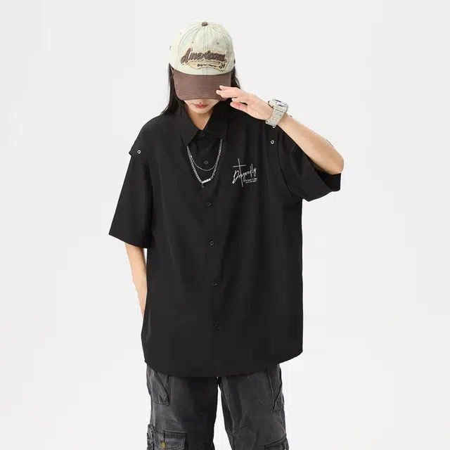 红蜻蜓 美式复古设计感高级宽松舒适百搭日常通勤潮流时尚简约直筒短袖衬衫 男女同款