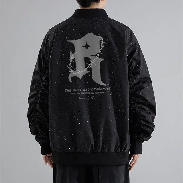 红蜻蜓 美式高街设计感满天星纯色拉链复古数字字母印花宽松百搭舒适防风保暖休闲棒球服外套夹克 男女同款