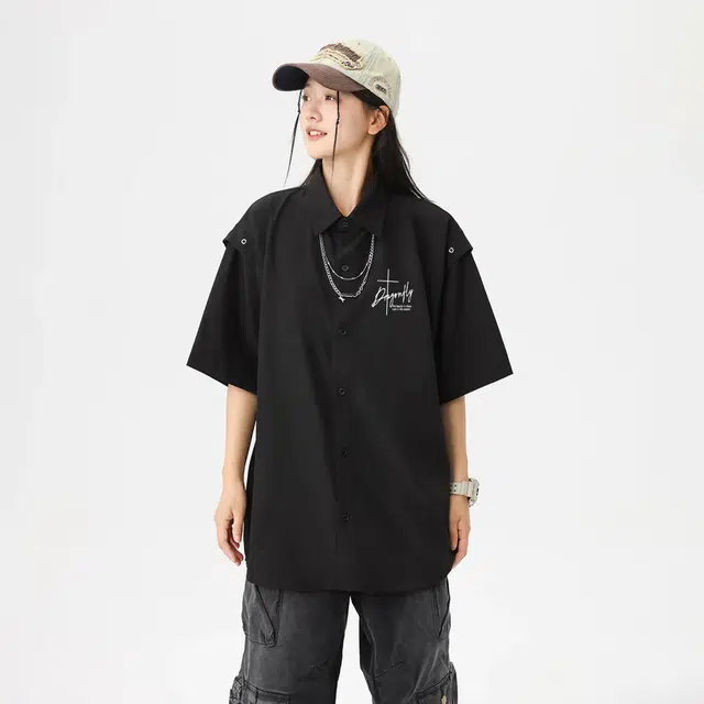 红蜻蜓 美式复古设计感高级宽松舒适百搭日常通勤潮流时尚简约直筒短袖衬衫 男女同款