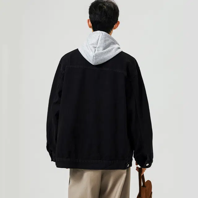 红蜻蜓 美式街头复古水洗做旧双口袋设计工装单排扣袖口韩版痞帅港风潮流舒适亲肤透气休闲基础连帽牛仔外套 男女同款