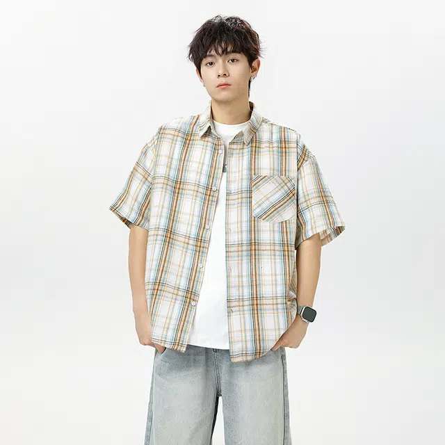 红蜻蜓 格纹宽松休闲舒适百搭日常简约潮流时尚短袖衬衫 男女同款