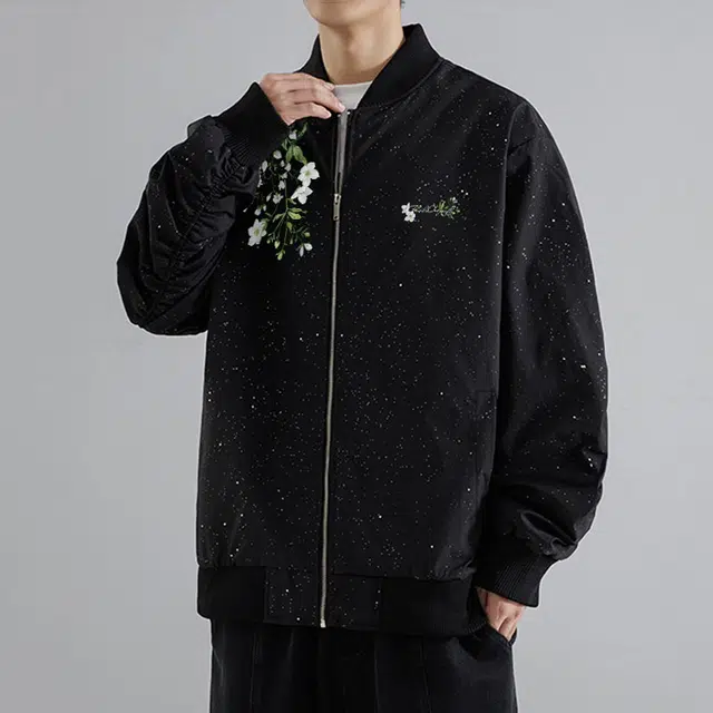 红蜻蜓 美式高街植物花卉设计感满天星纯色拉链复古数字字母印花宽松百搭舒适防风保暖休闲棒球服外套夹克 男女同款