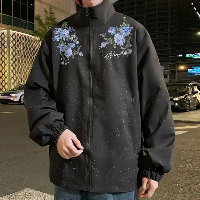 红蜻蜓 美式复古双面穿植物花卉设计感仿刺绣满天星纯色简约高街防风无性别主义学院风户外通勤宽松休闲飞行员棒球服夹克外套 男女同款