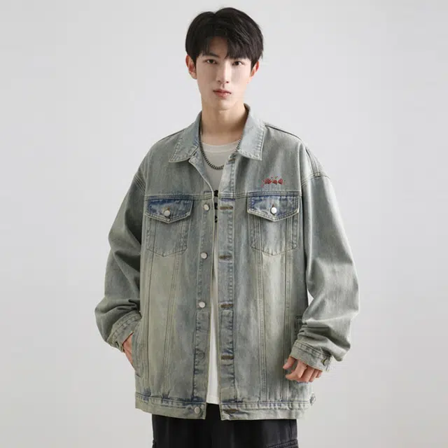 红蜻蜓 美式街头仿刺绣植物花卉复古水洗做旧纯色条纹痞帅舒适休闲基础牛仔外套 男女同款