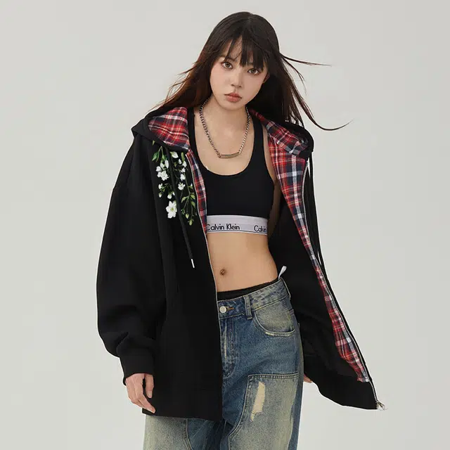 红蜻蜓 美式复古植物花卉仿刺绣设计感宽松舒适百搭日常通勤亲肤潮流时尚简约长袖连帽卫衣 男女同款