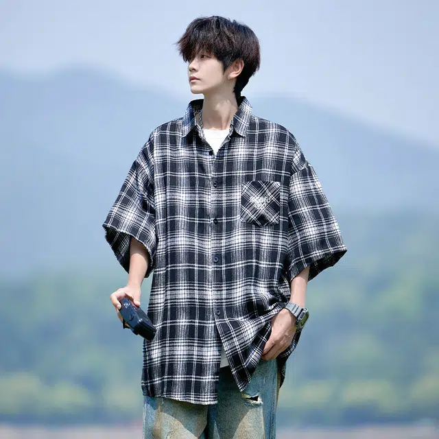 红蜻蜓 美式复古高街宽松薄款男生穿搭格子上衣翻领短袖衬衫 男女同款