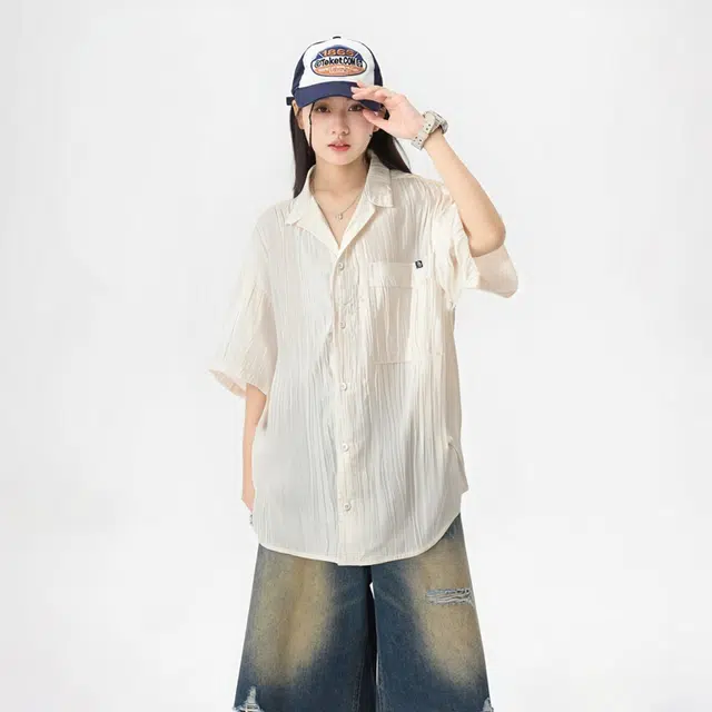 红蜻蜓 美式复古高街设计感纯色印花经典高级舒适宽松休闲百搭日常通勤潮流时尚简约直筒单排扣短袖衬衫 男女同款