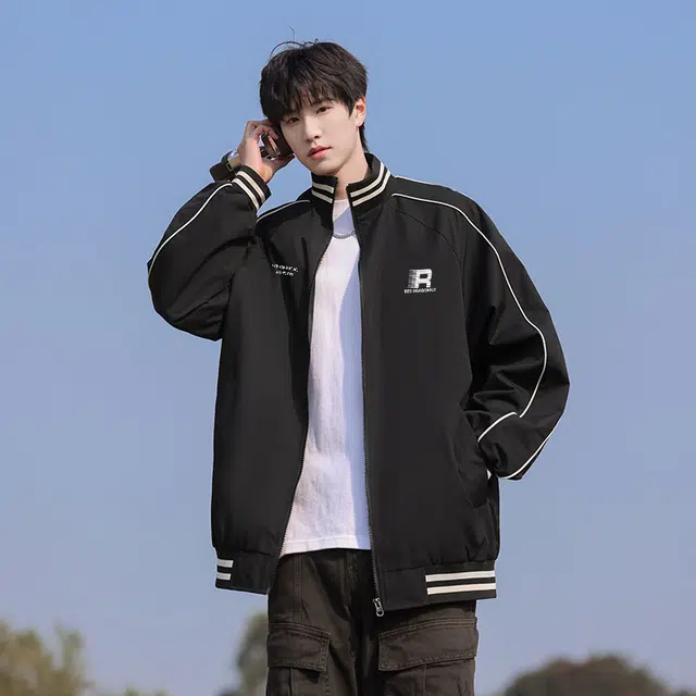 红蜻蜓 美式潮牌复古春秋外套男宽松工装拼色休闲情侣骑行服潮流夹克 男女同款