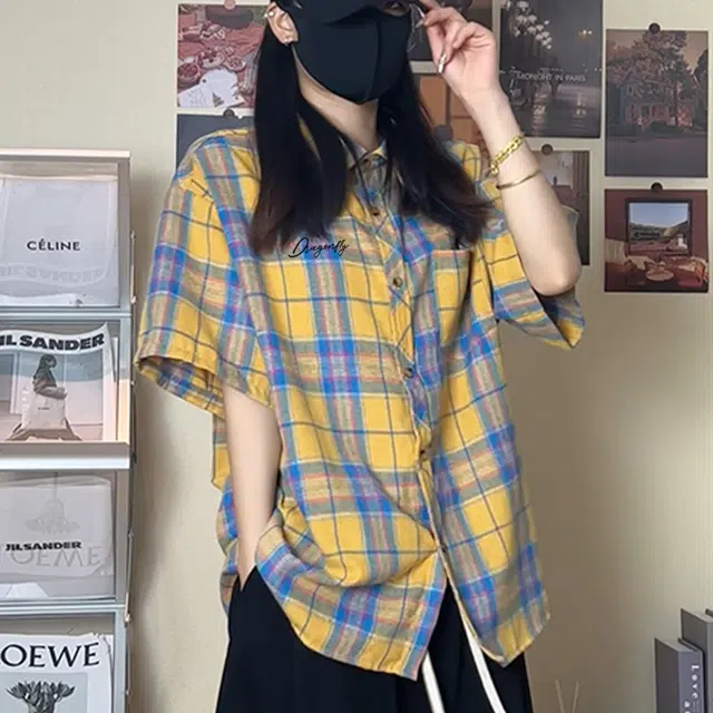 红蜻蜓 美式高街复古设计感经典高级舒适宽松休闲百搭日常通勤潮流时尚简约直筒短袖衬衫 男女同款