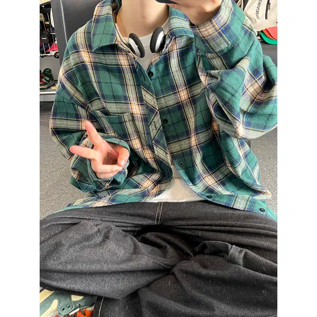 红蜻蜓 格子设计宽松翻领单排扣痞帅长袖衬衫 男女同款