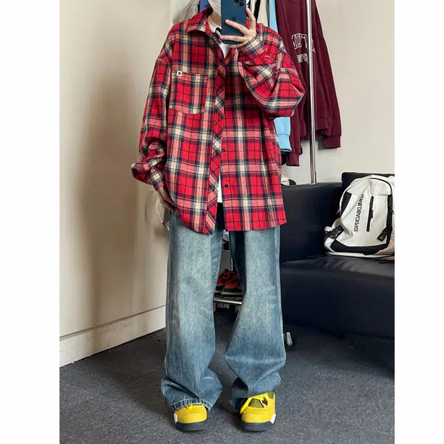 红蜻蜓 美式复古简约高级感格子条纹设计时尚百搭宽松翻领单排扣痞帅长袖衬衫 男女同款