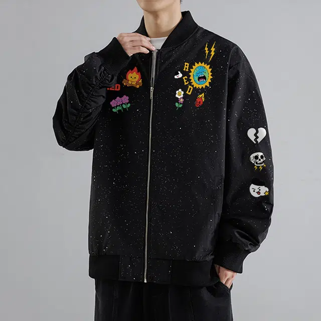 红蜻蜓 美式高街仿刺绣火焰花朵满天星设计感纯色拉链复古数字字母印花宽松百搭舒适防风保暖休闲棒球服外套夹克 男女同款