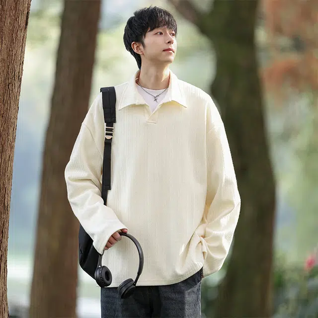 红蜻蜓 翻领条纹休闲宽松简约长袖卫衣 男女同款