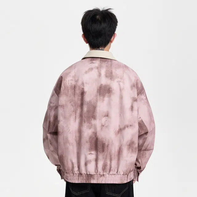 红蜻蜓 美式高街扎染潮牌复古数字字母印花宽松百搭舒适防风保暖休闲棒球服翻领外套夹克 男女同款