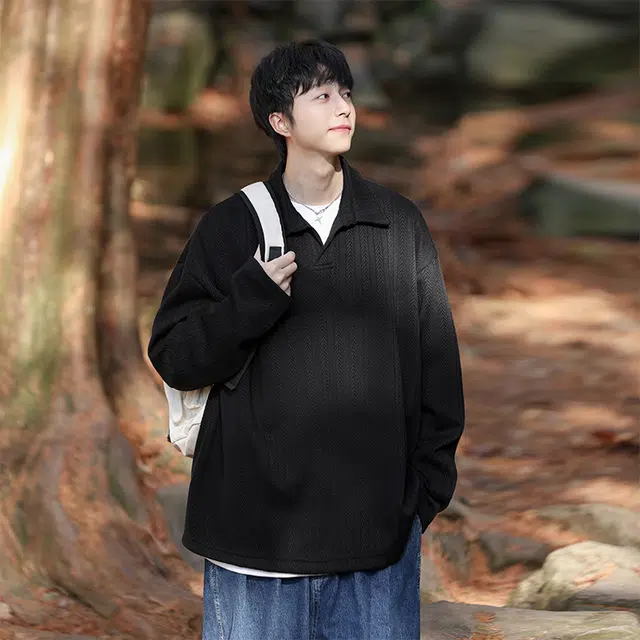 红蜻蜓 翻领条纹休闲宽松简约长袖卫衣 男女同款