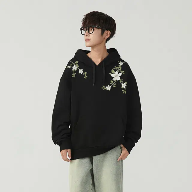 红蜻蜓 美式潮流植物花卉设计感仿刺绣高街宽松舒适百搭日常通勤亲肤时尚简约长袖连帽外套卫衣 男女同款