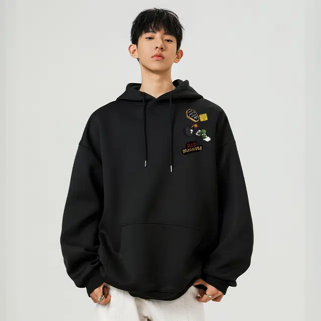 红蜻蜓 美式高街复古经典纯色基础纯棉重磅创意卡通图案印花宽松通勤百搭舒适亲肤透气休闲连帽套头卫衣 男女同款