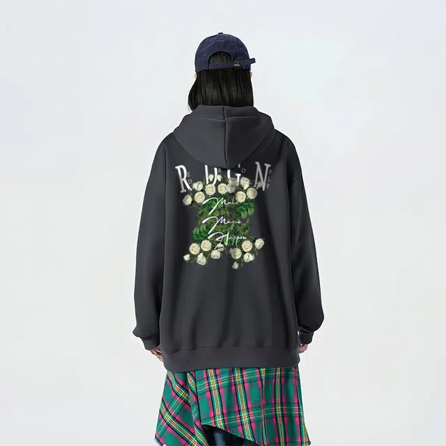红蜻蜓 美式潮牌复古仿刺绣高街植物花卉设计感宽松舒适百搭日常通勤亲肤纯棉重磅潮流时尚简约长袖连帽卫衣 男女同款