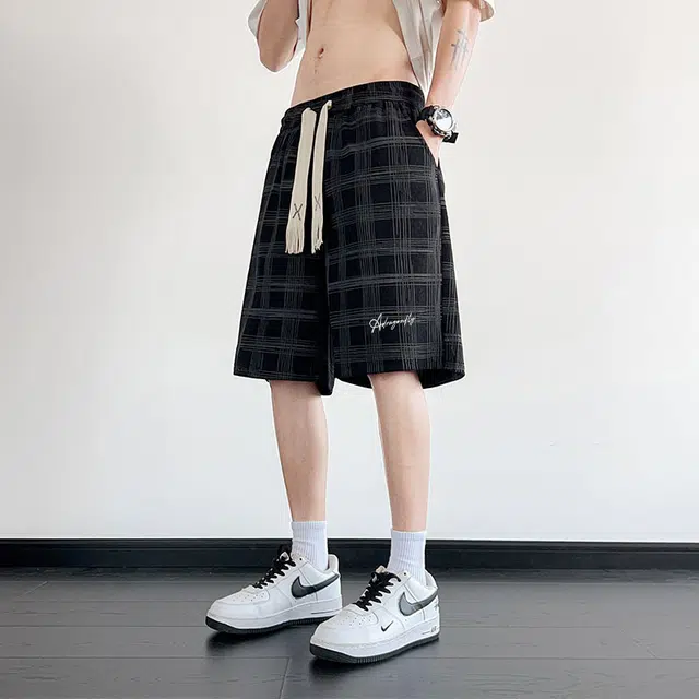红蜻蜓 美式高街复古透气亲肤时尚棋盘格小众设计百搭五分休闲短裤 男女同款